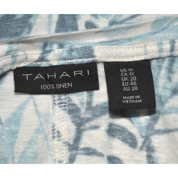 Tahari Womens Blue Linen V-Neck Short Sleeve Shirt Top Plus Size 1X Leaf Pattern - Picture 7 of 8